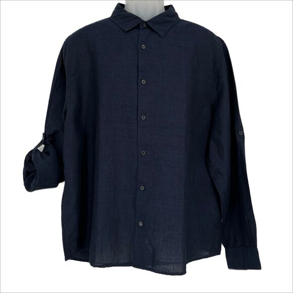 Perry Ellis Men's Untucked Roll Sleeve Linen Shirt in Navy Size XXL - Picture 2 of 6